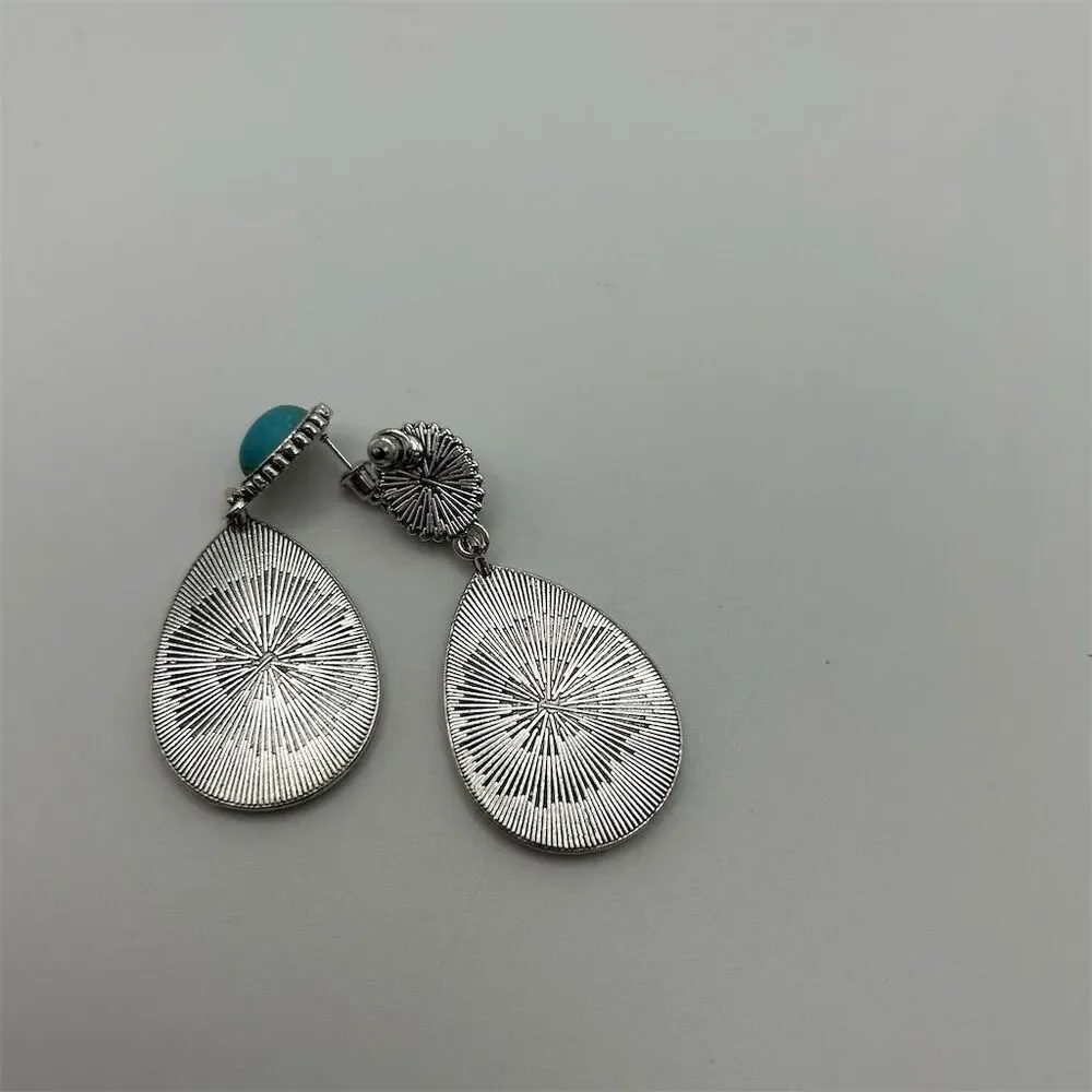 Southwestern Cactus Floral & Faux Turquoise Stud Teardrop Dangle Earrings
